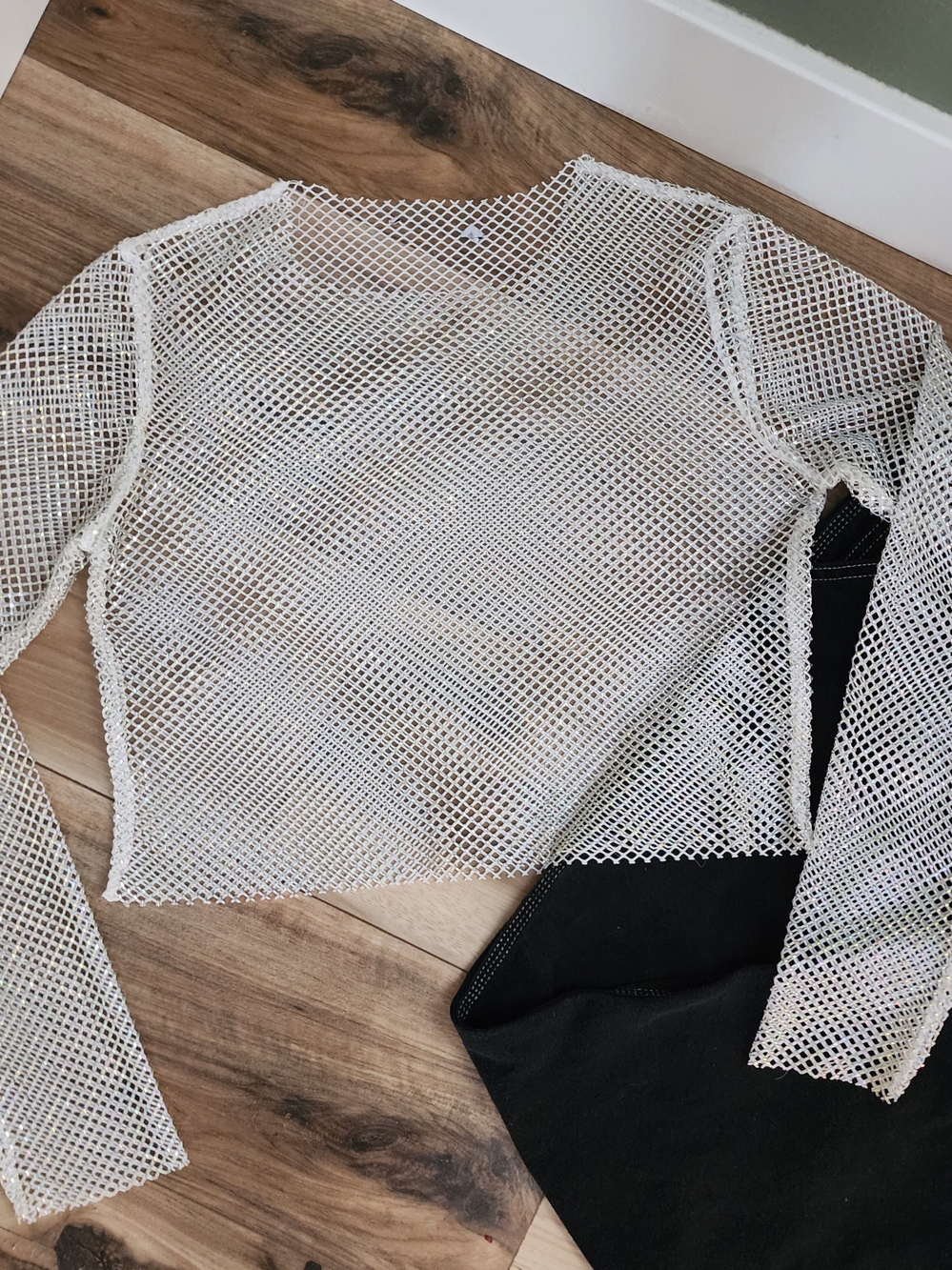 Y2K Rhinestone Fishnet Crop Top Cream Mesh Festival Rave Shirt